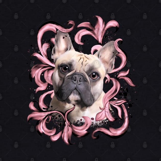 French bulldog, pink decorations leaves, frenchie lovers gift by Collagedream